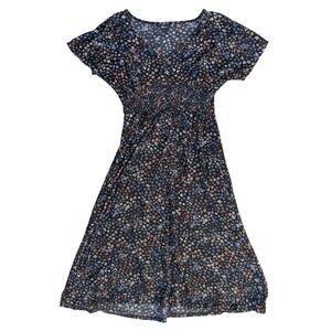 Reitmans Black Floral Print Midi Dress Short Sleeve V Neck Smocked Waist M